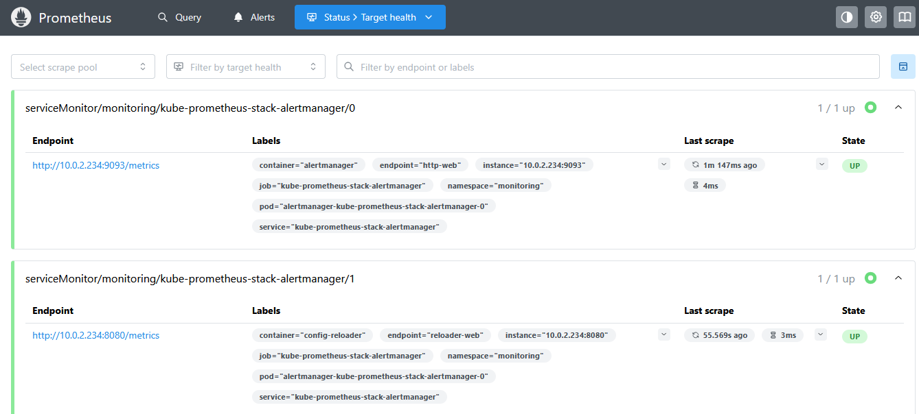 Prometheus target health page showing the Alertmanager ServiceMonitor endpoints UP