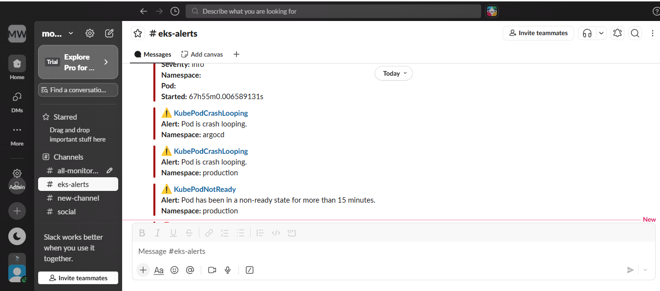 Slack #eks-alerts channel receiving KubePodCrashLooping and KubePodNotReady alerts from Alertmanager